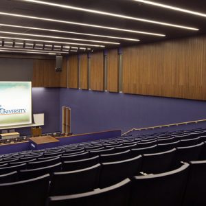Morgan State University lecture hall equipped with ASI Architectural wood grille wall and ceiling acoustic panels